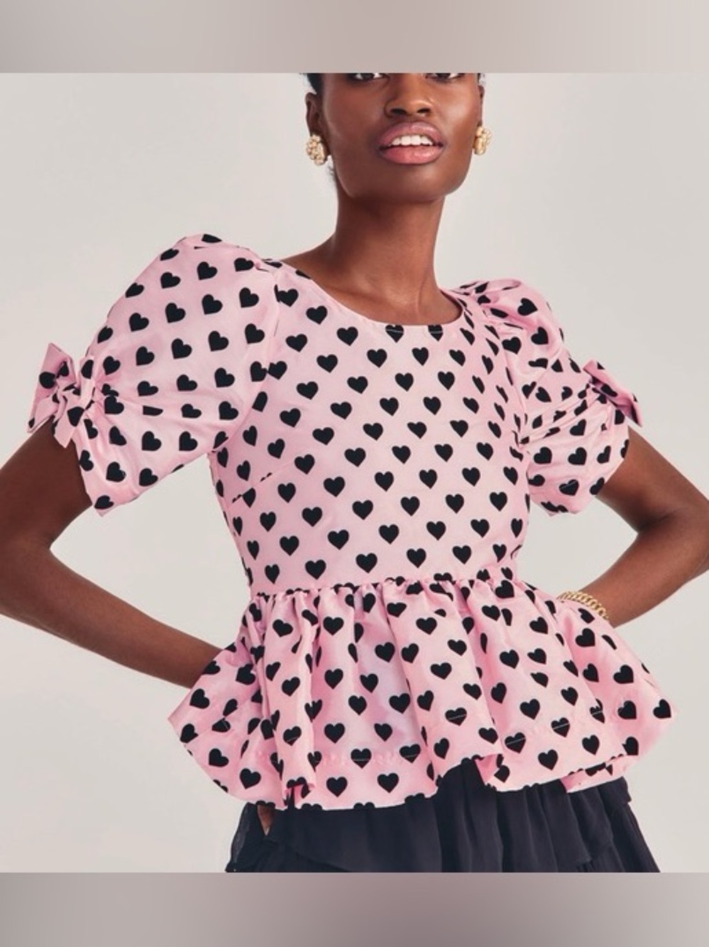 LOVESHACKFANCY Pink Taffeta & Black Velvet Heart Peplum Top Puff Sleeve Blouse